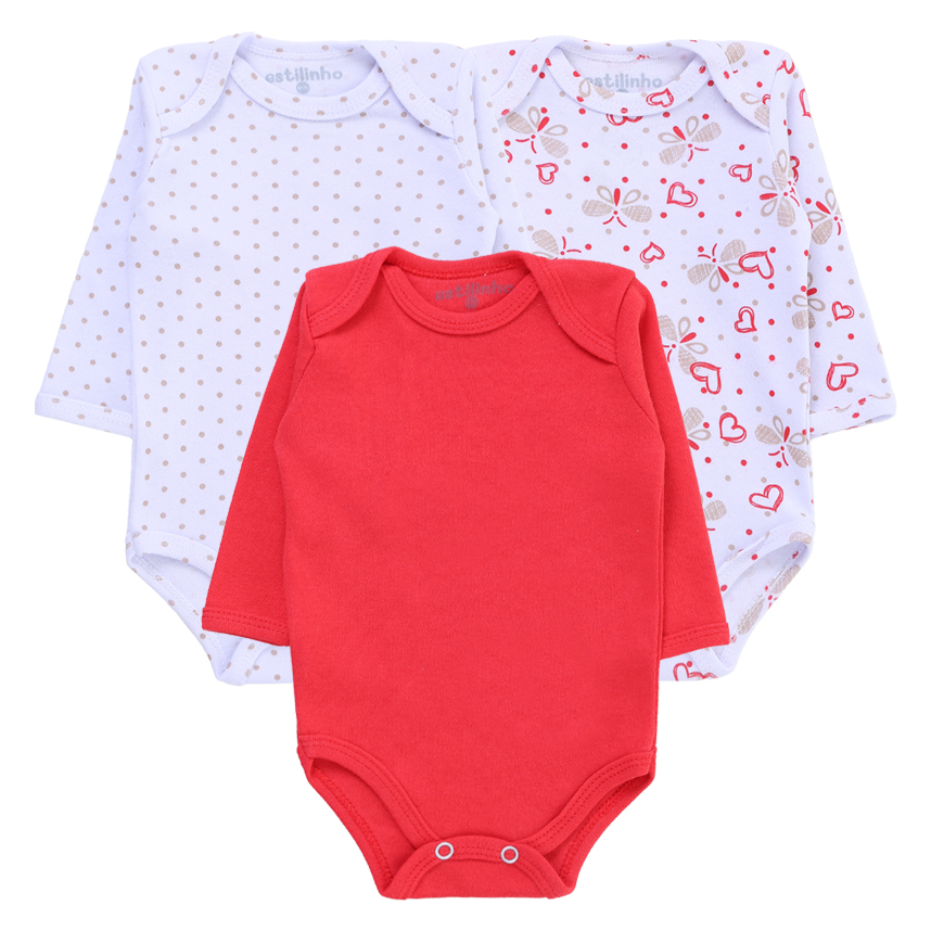 Kit Body Bebê Estilinho Manga Longa Estampa Coração 3 Peças Kit Body Bebê Estilinho Manga Longa Estampa Coração 3 Peças