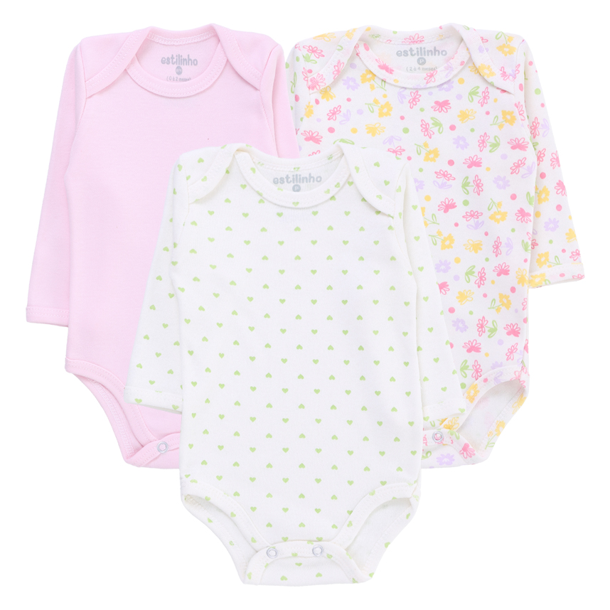 Kit Body Bebê Estilinho Manga Longa Estampa Flor 3 Peças Kit Body Bebê Estilinho Manga Longa Estampa Flor 3 Peças
