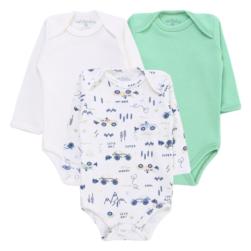 Kit Body Bebê Estilinho Manga Longa Estampa Carros 3 Peças Kit Body Bebê Estilinho Manga Longa Estampa Carros 3 Peças