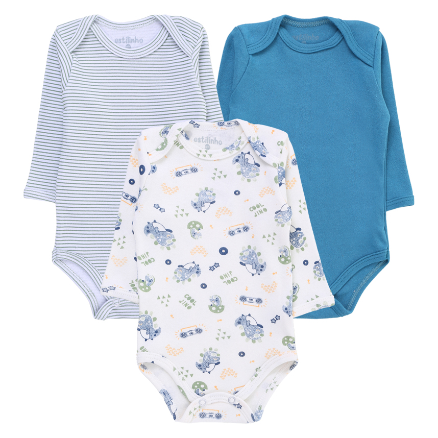 Kit Body Bebê Estilinho Manga Longa Dinossauro 3 Peças Kit Body Bebê Estilinho Manga Longa Dinossauro 3 Peças