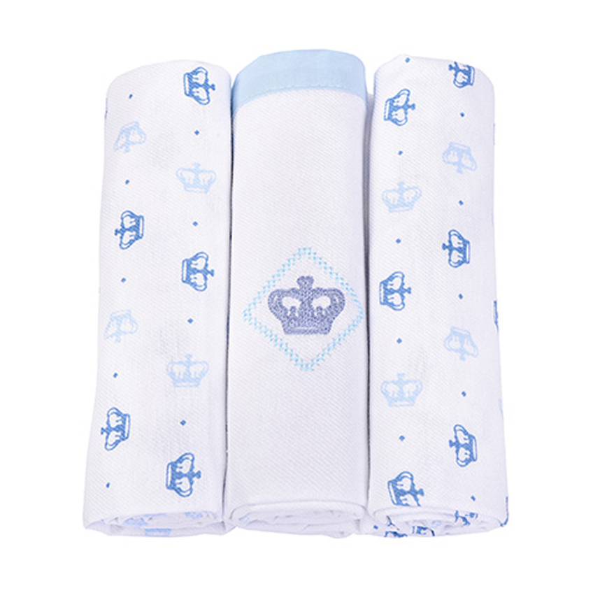 Kit Cueiro Reininho Bordado Coroa Azul 3 Peças
