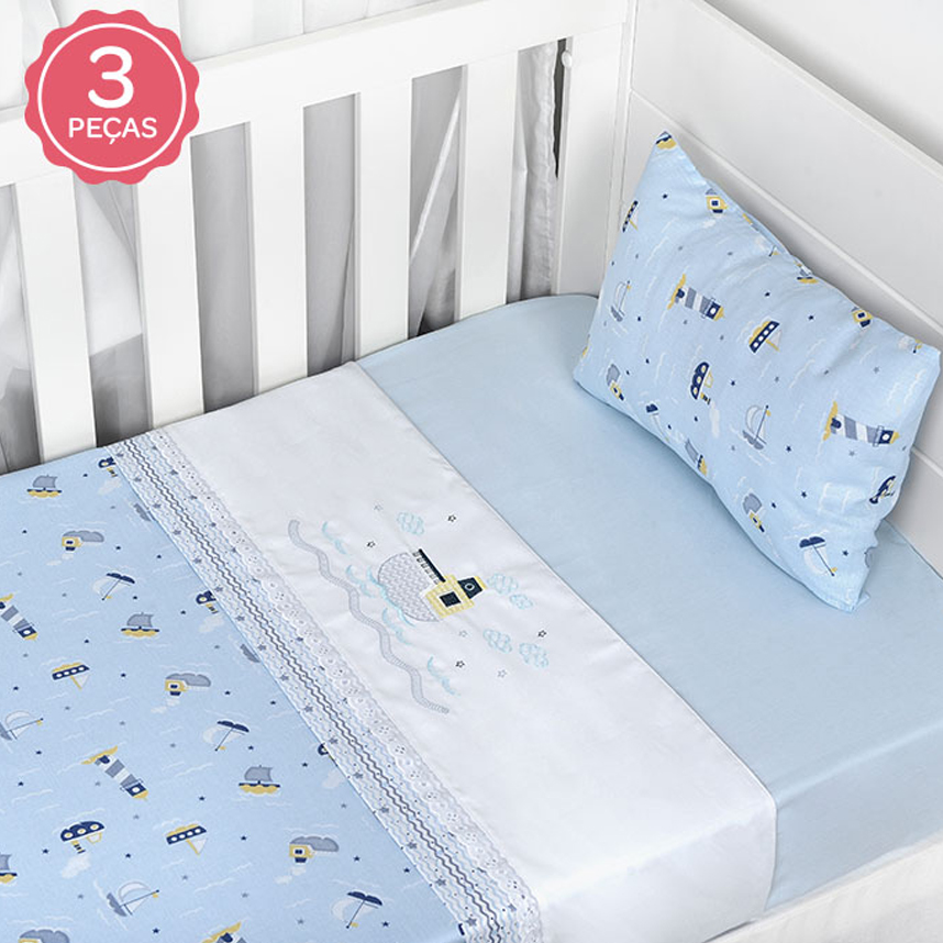 Jogo Lençol Para Berço Cia Do Neném Bordado Barco 3 Peças