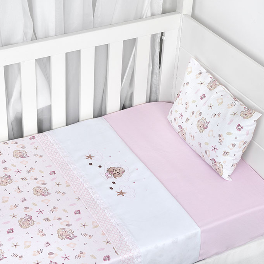 Jogo Lençol Para Berço Cia Do Neném Bordado Sereia 3 Peças