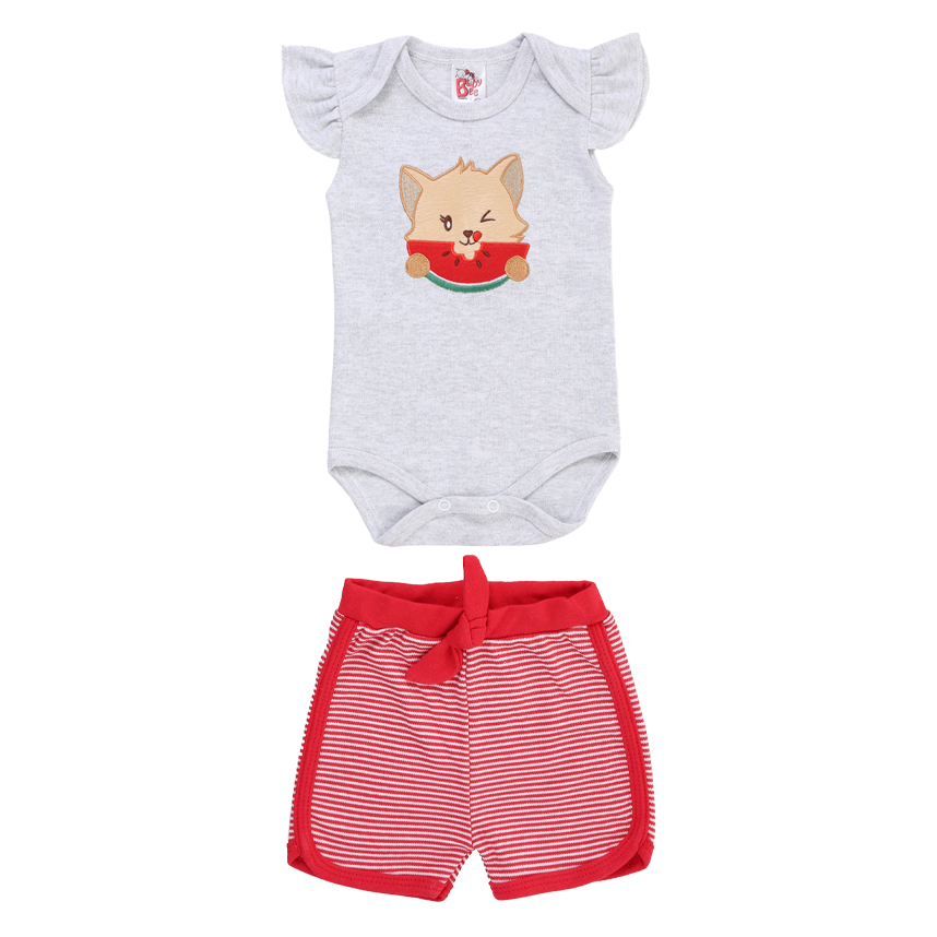 Conjunto Bebê Baby Bee Body Estampa Gatinha E Short Listras Conjunto Bebê Baby Bee Body Estampa Gatinha E Short Listras