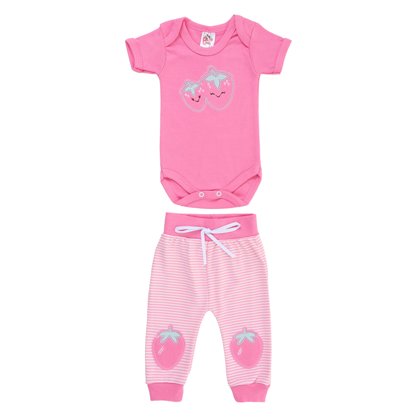 Conjunto Bebê Baby Bee Body Bordado Morango E Calça Listrada