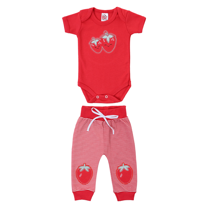Conjunto Bebê Baby Bee Body Bordado Morango E Calça Listrada Conjunto Bebê Baby Bee Body Bordado Morango E Calça Listrada