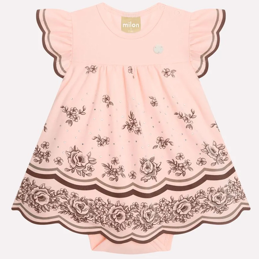 Vestido Bebê Milon Malha Cotton Estampa Flores E Body