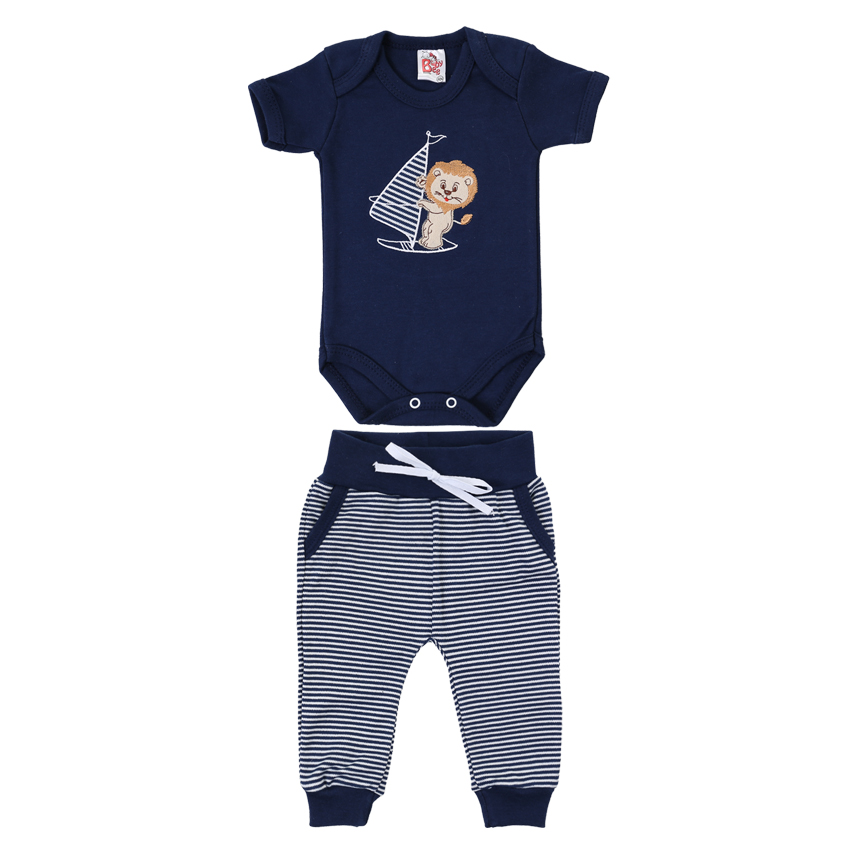 Conjunto Bebê Baby Bee Body Bordado Leão E Calça Listrada Conjunto Bebê Baby Bee Body Bordado Leão E Calça Listrada
