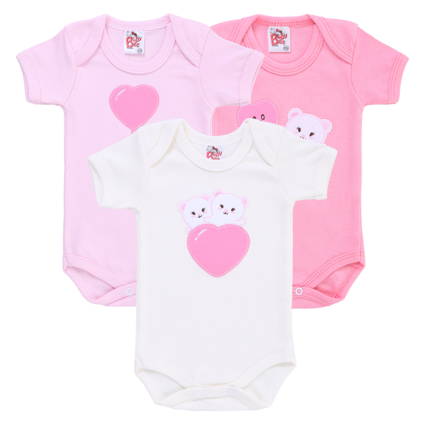 Kit Body Bebê Baby Bee Manga Curta Em Suedine 3 Peças Kit Body Bebê Baby Bee Manga Curta Em Suedine 3 Peças