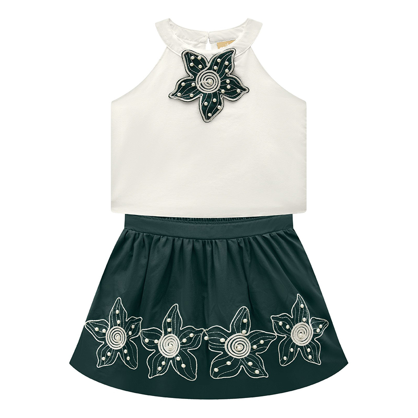 Conjunto Juvenil Milon Cropped Cavado Aplique Flor E Saia