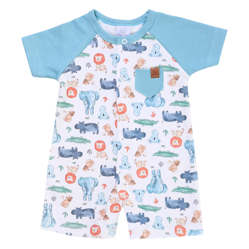 Macacão Curto Bebê Piu Piu Estampa Safari Em Suedine