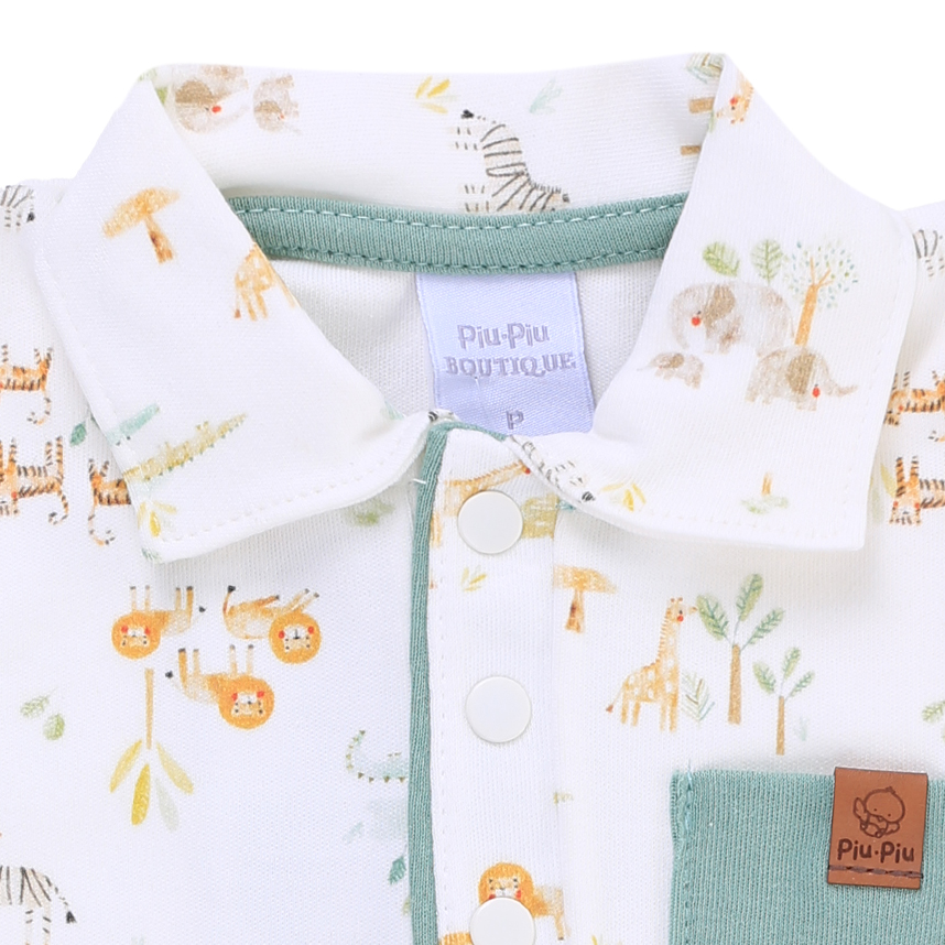 Macacão Curto Bebê Piu Piu Estampa Selva Em Suedine Macacão Curto Bebê Piu Piu Estampa Selva Em Suedine