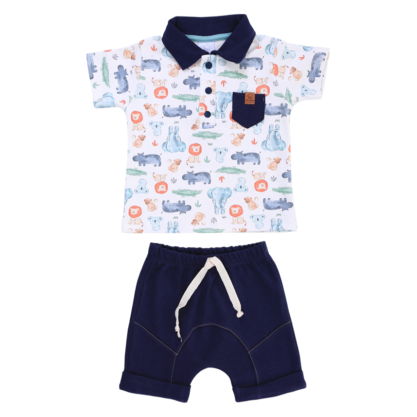 Conjunto Bebê Piu Piu Camisa Polo Estampa Safari E Bermuda