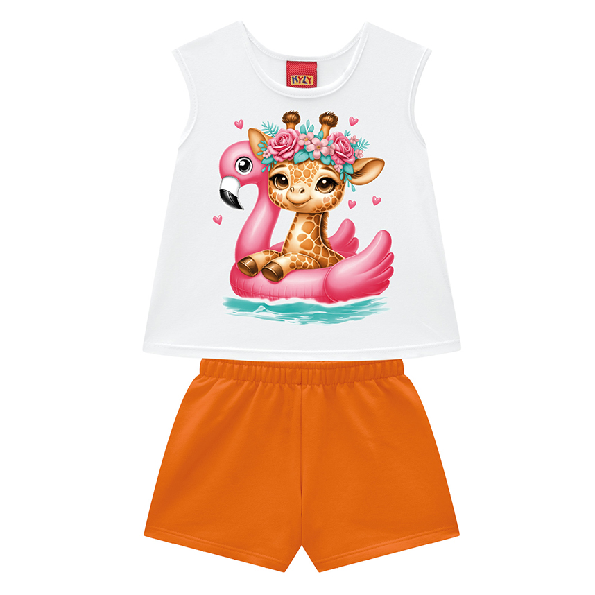Conjunto Bebê Kyly Blusa Estampada E Short Em Meia Malha