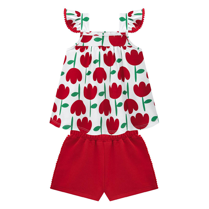 Conjunto Infantil Kyly Blusa Com Babado E Flores E Short Conjunto Infantil Kyly Blusa Com Babado E Flores E Short