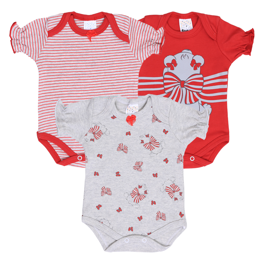 Kit Body Bebê Petutinha Manga Curta Ursa Laço 3 Peças