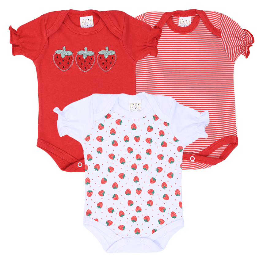 Kit Body Bebê Petutinha Estampa Morango E Strass 3 Peças