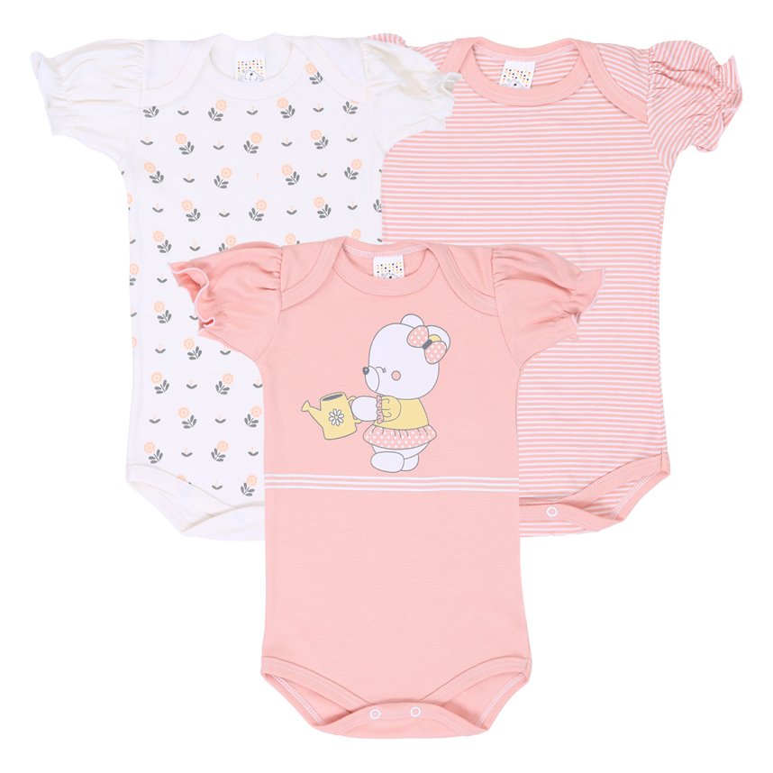 kit Body Bebê Petutinha Estampa Ursa E Flor 3 Peças