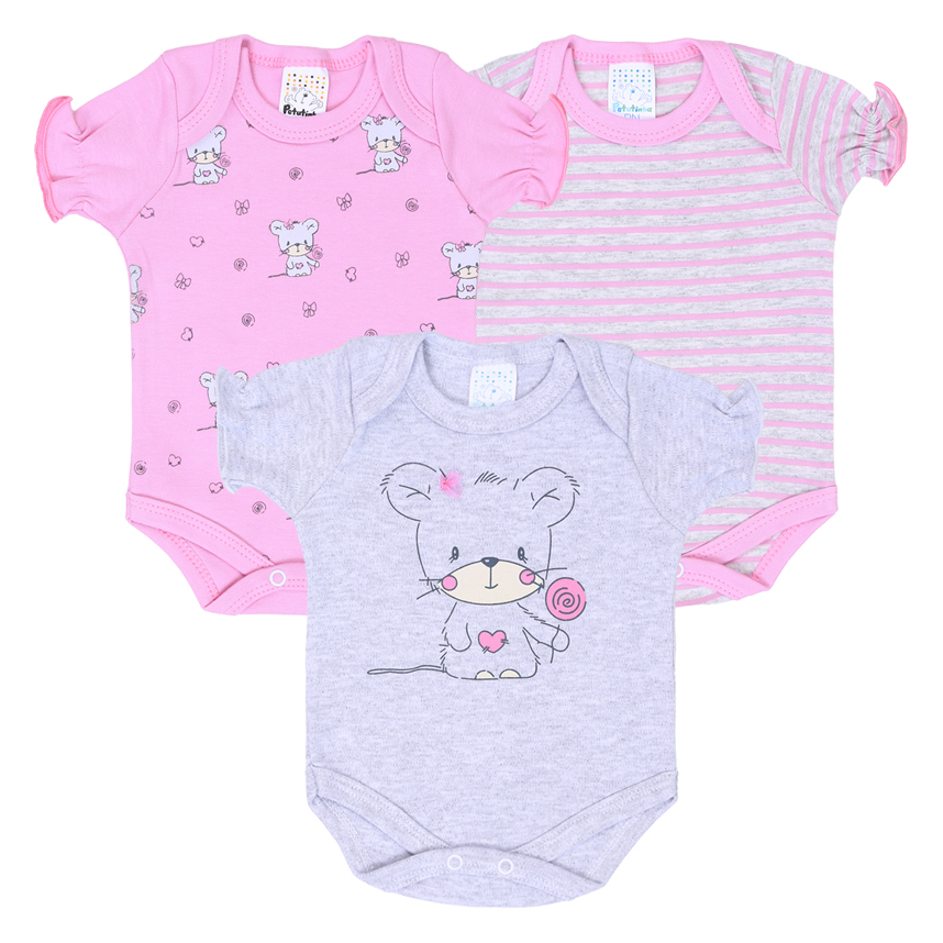 kit Body Bebê Petutinha Estampa Ratinho E Pirulito 3 Peças