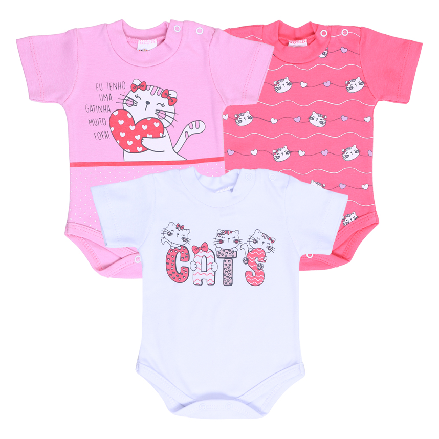 kit Body Bebê Petutinha Estampa Gato E Coração 3 Peças