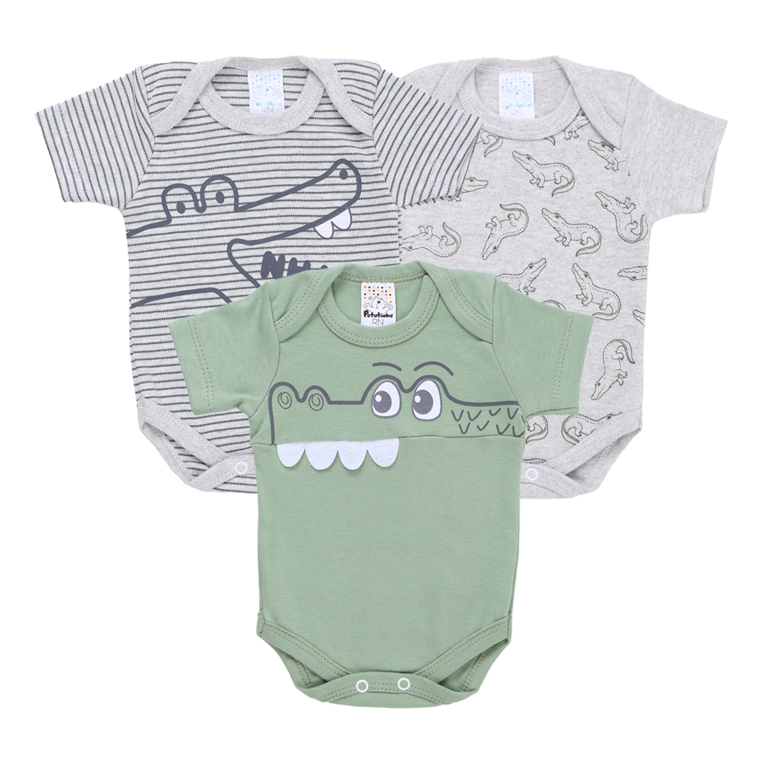 kit Body Bebê Petutinha Estampa Jacaré 3 Peças