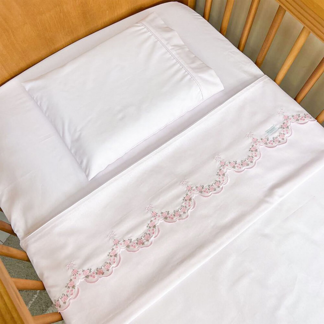 Jogo De Lençol Berço Biramar Percal Bordado Flores 3 Peças