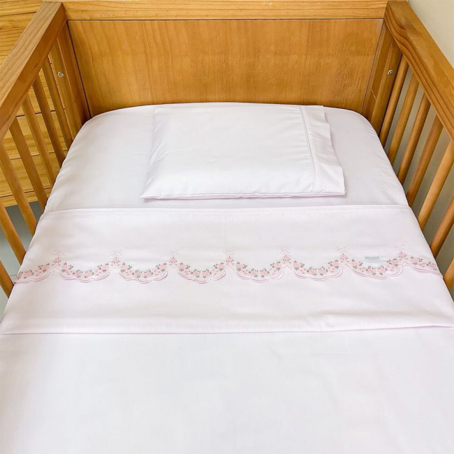 Jogo De Lençol Berço Biramar Percal Bordado Flores 3 Peças Jogo De Lençol Berço Biramar Percal Bordado Flores 3 Peças