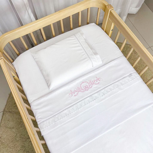 Jogo De Lençol Berço Biramar Percal Bordado Laço 3 Peças