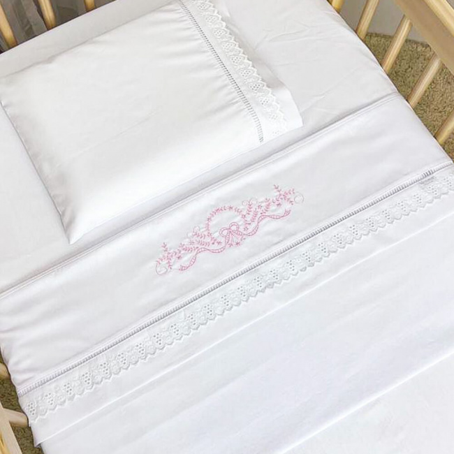 Jogo De Lençol Berço Biramar Percal Bordado Laço 3 Peças Jogo De Lençol Berço Biramar Percal Bordado Laço 3 Peças