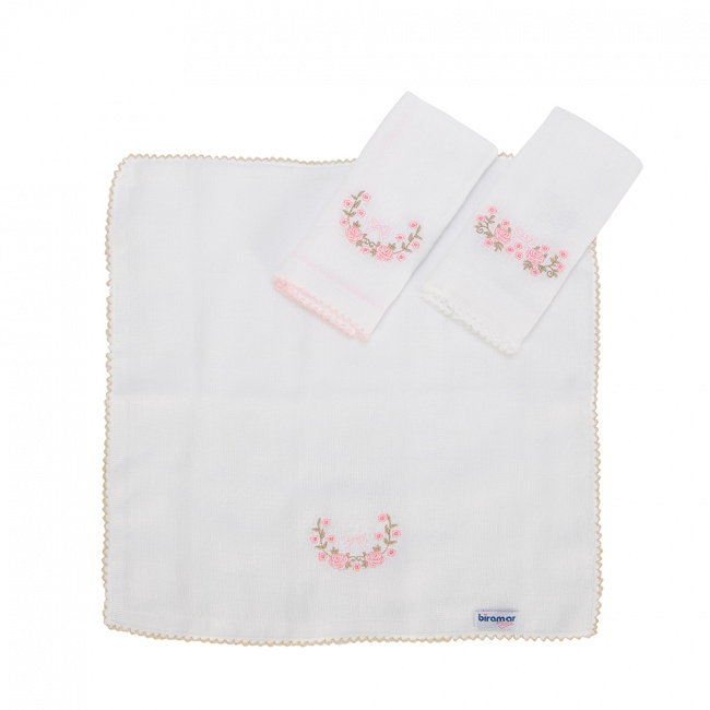 Pano De Boca Bebê Biramar Bordado Flor 3 Peças