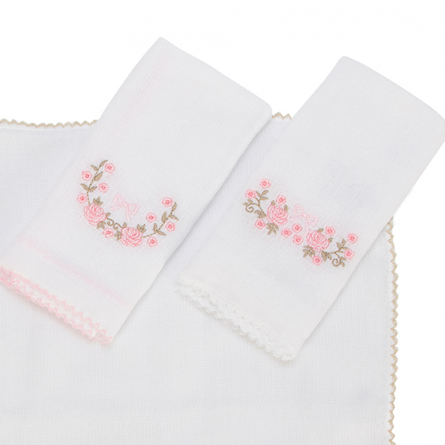 Pano De Boca Bebê Biramar Bordado Flor 3 Peças