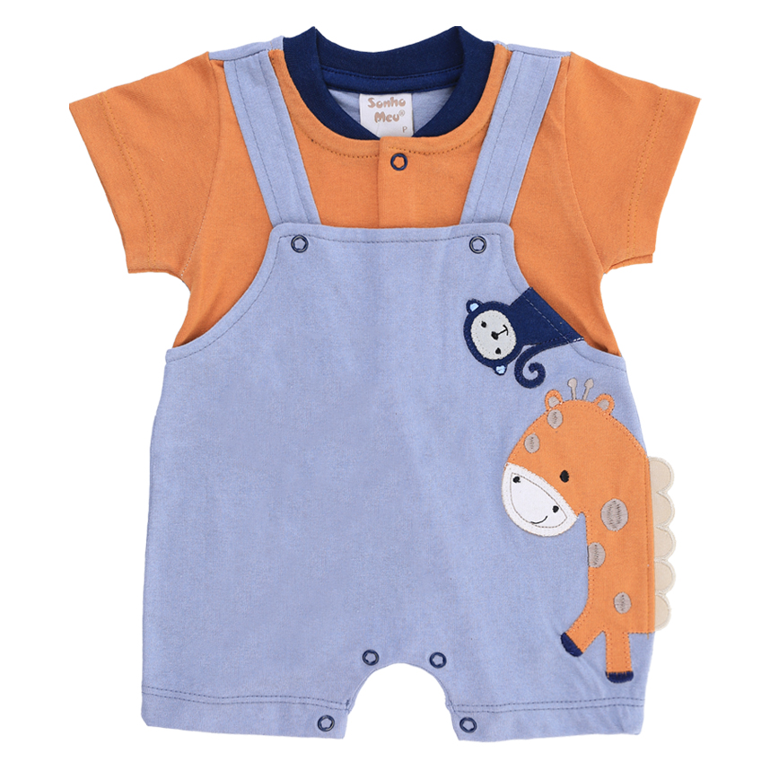 Macacão Curto Bebê Sonho Meu Bordado Safari Girafa