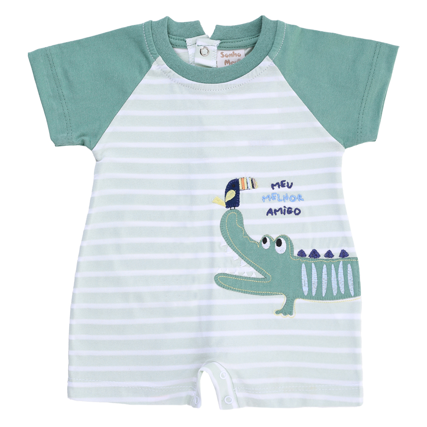 Macacão Curto Bebê Sonho Meu Listrado Bordado Jacaré