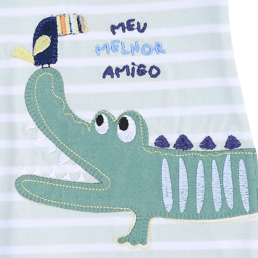 Macacão Curto Bebê Sonho Meu Listrado Bordado Jacaré Macacão Curto Bebê Sonho Meu Listrado Bordado Jacaré