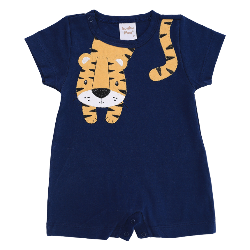 Macacão Curto Bebê Sonho Meu Liso Bordado Tigre