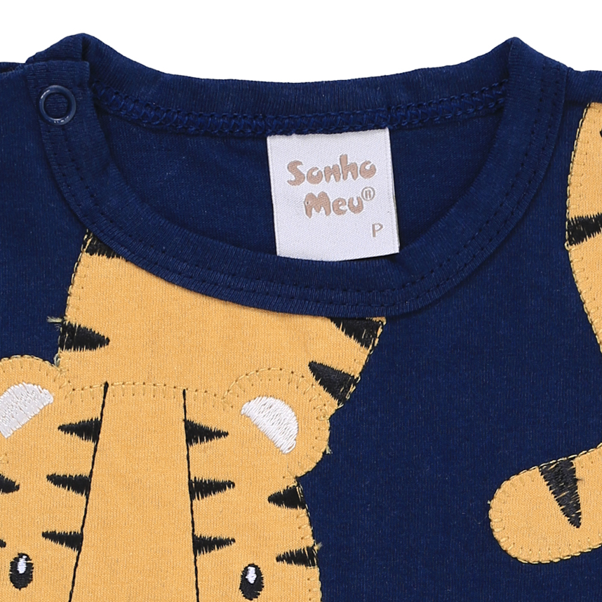 Macacão Curto Bebê Sonho Meu Liso Bordado Tigre Macacão Curto Bebê Sonho Meu Liso Bordado Tigre