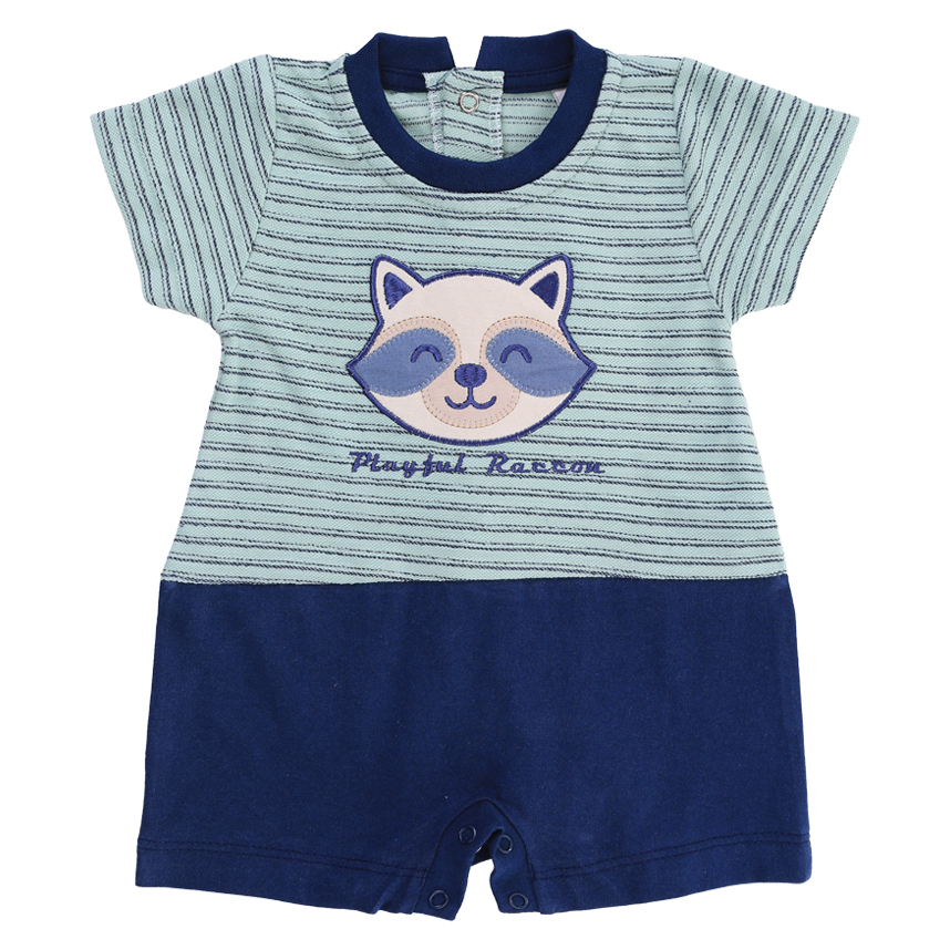 Macacão Curto Bebê Sonho Meu Listrado Bordado Guaxinim