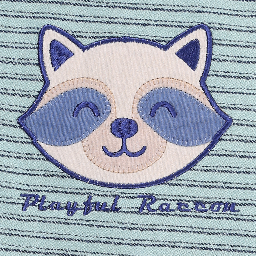 Macacão Curto Bebê Sonho Meu Listrado Bordado Guaxinim Macacão Curto Bebê Sonho Meu Listrado Bordado Guaxinim