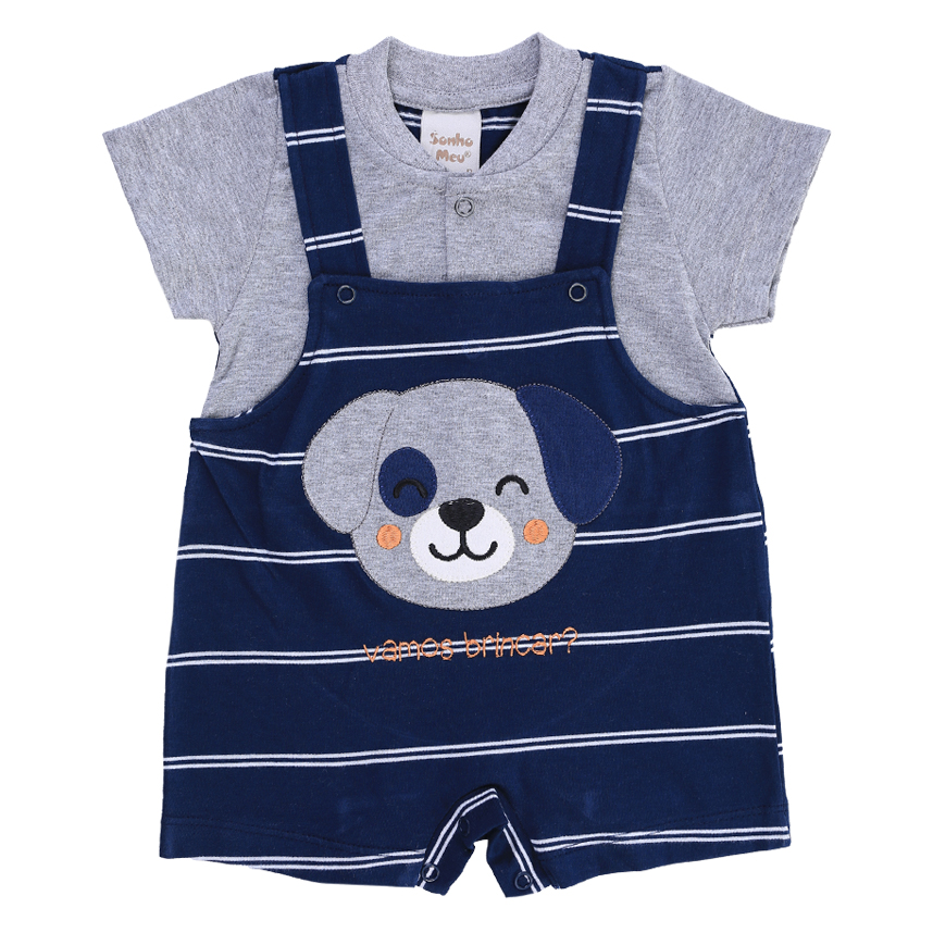 Macacão Curto Bebê Sonho Meu Listrado Bordado Cachorro