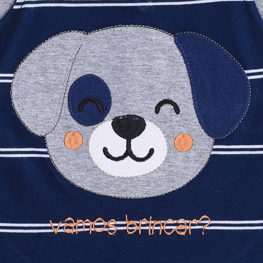 Macacão Curto Bebê Sonho Meu Listrado Bordado Cachorro Macacão Curto Bebê Sonho Meu Listrado Bordado Cachorro