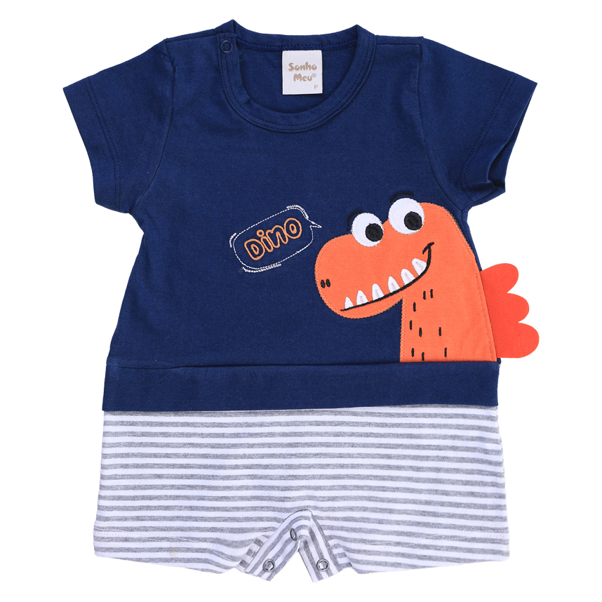 Macacão Curto Bebê Sonho Meu Liso Bordado Dinossauro
