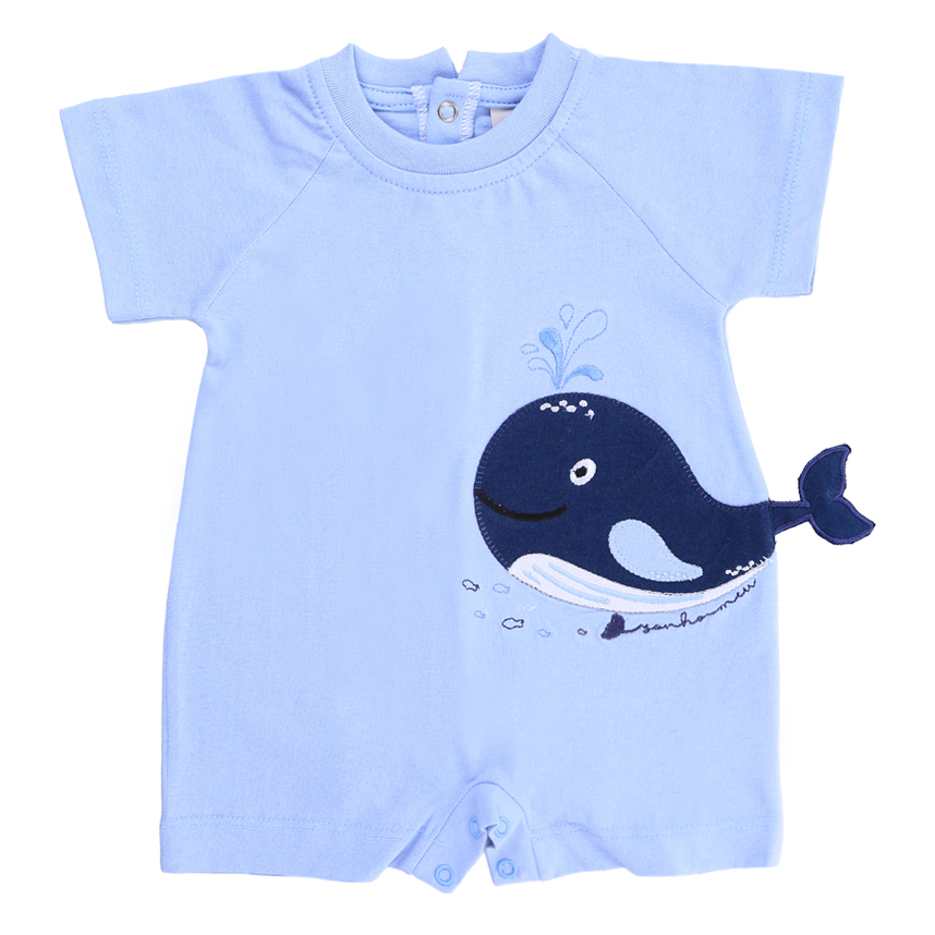 Macacão Curto Bebê Sonho Meu Liso Bordado Baleia