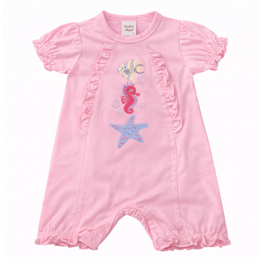 Macacão Curto Bebê Sonho Meu Bordado Fundo Do Mar