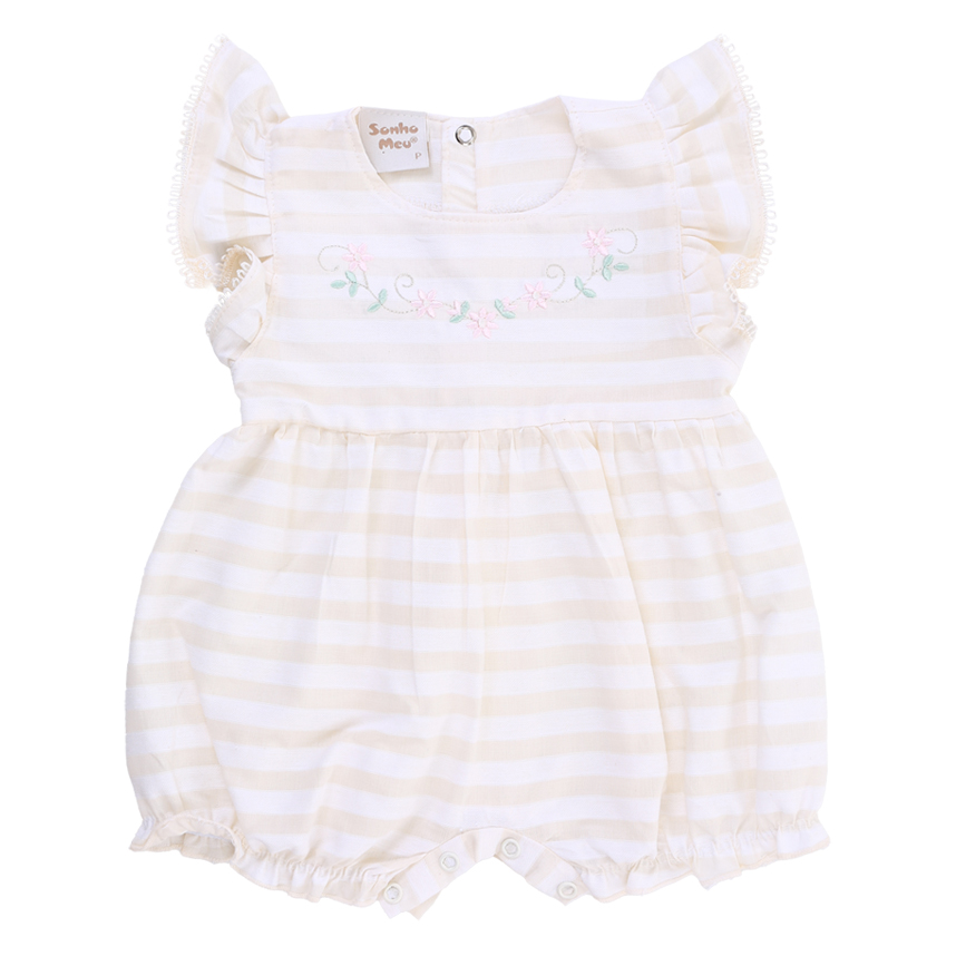 Macacão Curto Bebê Sonho Meu Listrado Bordado Flor
