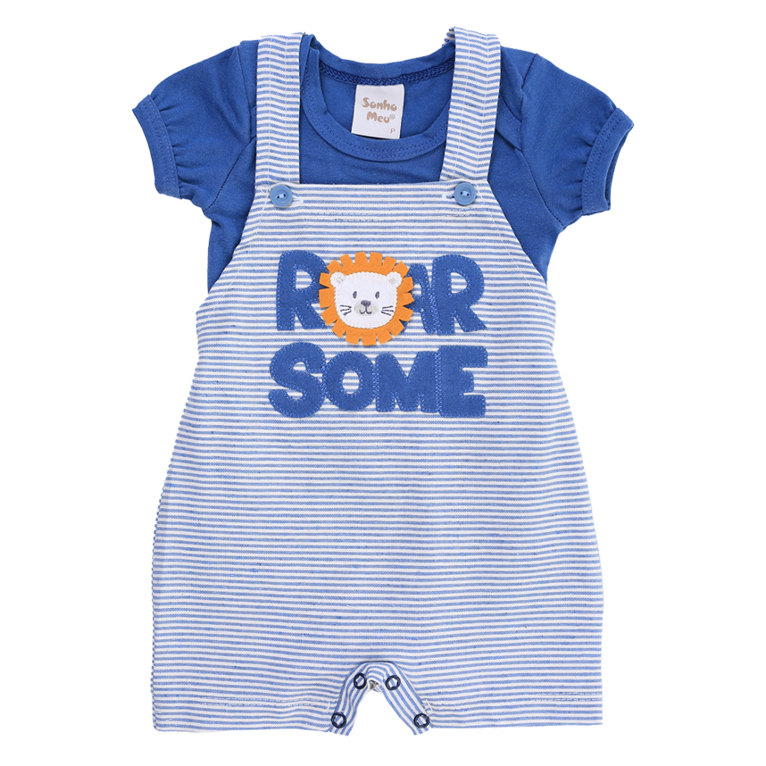 Macacão Curto Bebê Sonho Meu Listrado Bordado Leão 2 Peças