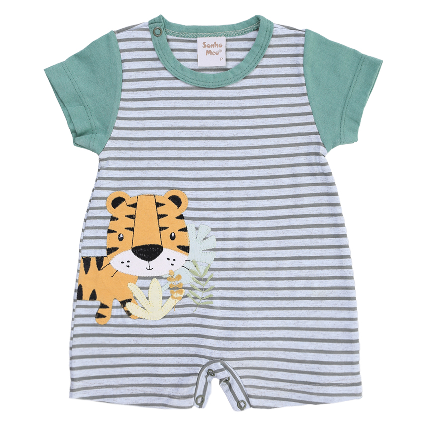 Macacão Curto Bebê Sonho Meu Listrado Bordado Tigre