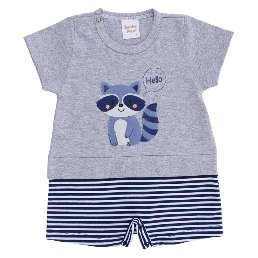 Macacão Curto Bebê Sonho Meu Listras Bordado Guaxinim Hello