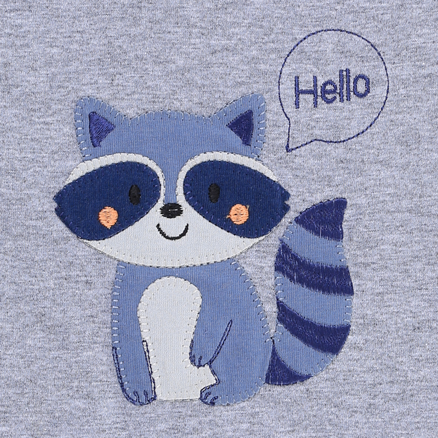 Macacão Curto Bebê Sonho Meu Listras Bordado Guaxinim Hello Macacão Curto Bebê Sonho Meu Listras Bordado Guaxinim Hello