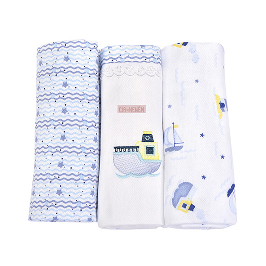 Kit Cueiro Cia Do Neném Bordado Barco 3 Peças