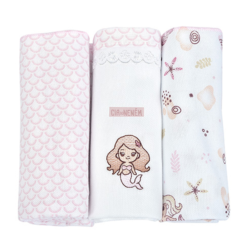 Kit Cueiro Cia Do Neném Bordado Sereia 3 Peças